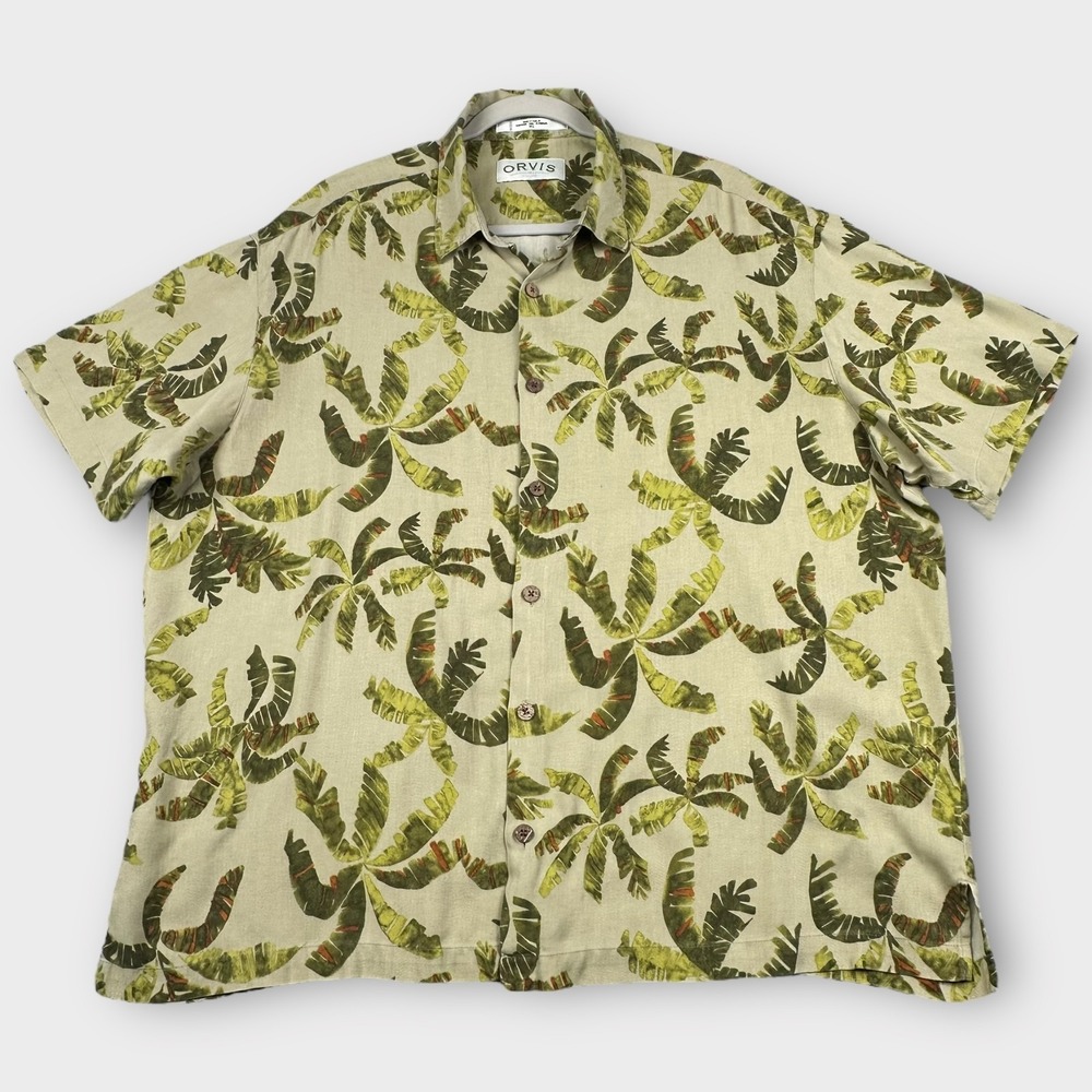 Orvis Shirt Mens XL Green Silk Palm Leaf Hawaiian Button Up Camp Tropical Casual